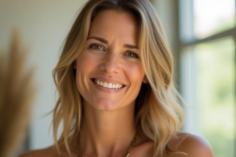 Elara Vance, founder of Roost Revival, smiling warmly in a bright, modern wellness space.