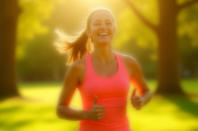 A person joyfully jogging through a sunny park, illustrating the positive impact of movement on mood.