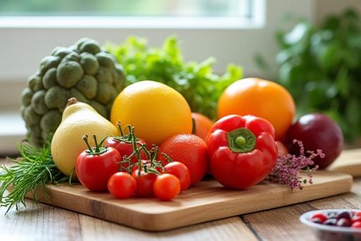 Fresh fruits and vegetables on a cutting board, ready for a healthy meal preparation.