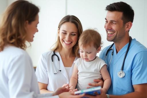 A medical professional educating a family about healthy habits for disease prevention.