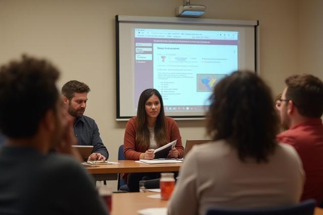 A public health professional presenting data and insights to a small community group, fostering discussion and understanding.